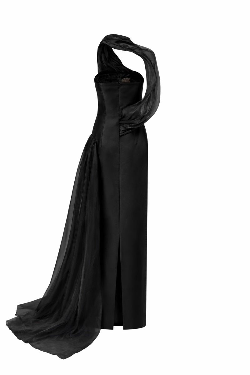 Black Leilani Royal Taffeta gown by 21Six, featuring a flowy silhouette and elegant design, shown on a model.