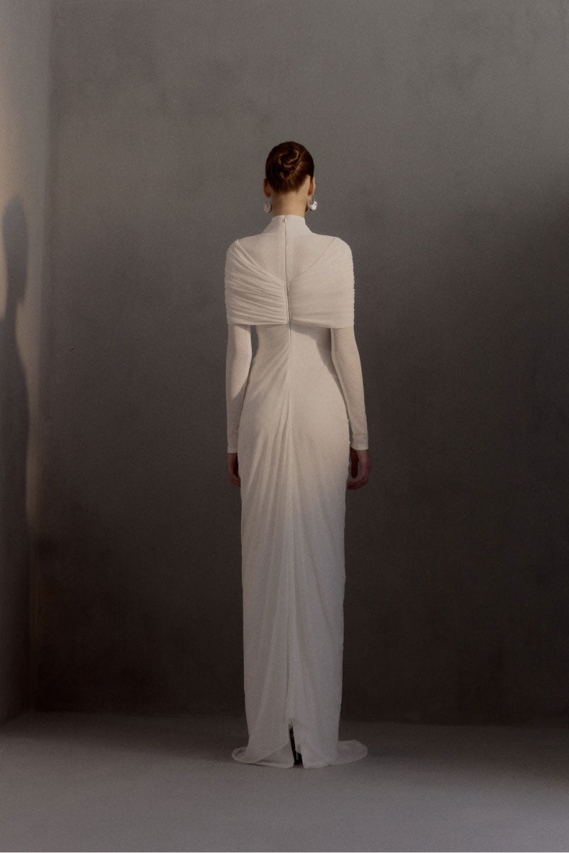 White Jacqueline gown by White Plan featuring elegant fabric and a flowing silhouette for formal occasions.