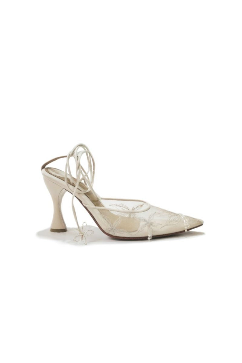 Christin Wu Sienna white embroidered mesh heels with delicate floral embroidery and elegant design for stylish occasions.