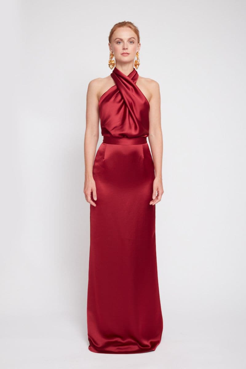 ALIUR DEEP RED HALTER NECK EVENING DRESS - CULT MIA