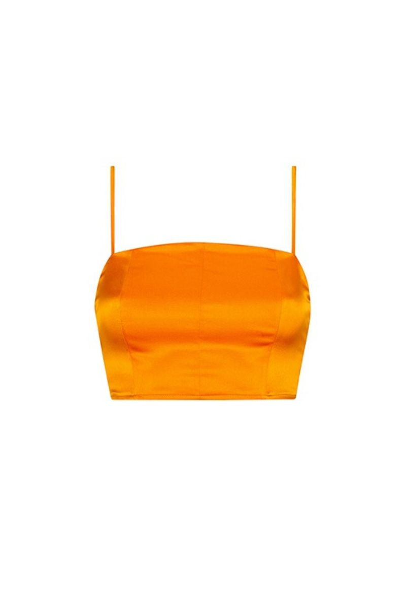 Aaguaclara Papaya Bustier Top in vibrant orange with fitted design and sweetheart neckline, displayed on a mannequin.