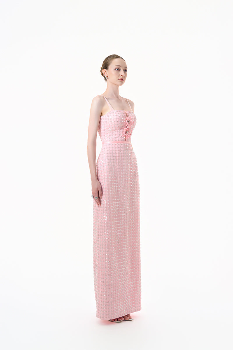 Pink structured corset gown by Happy Clothing featuring a fitted silhouette and elegant design.