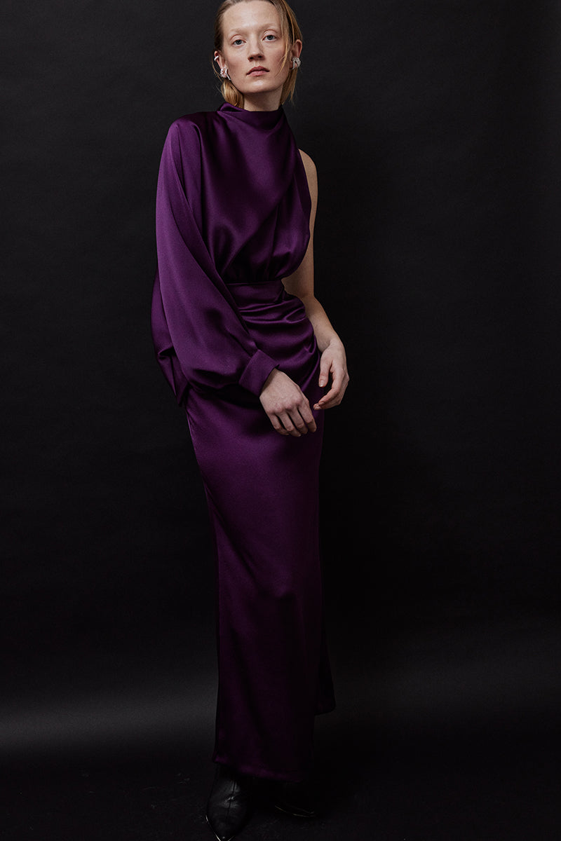 satin purple midi dress PURPLE ASYMMETRIC SATIN CREPE MIDI DRESS WITH DETATCHABLE CAPE | CULT MIA