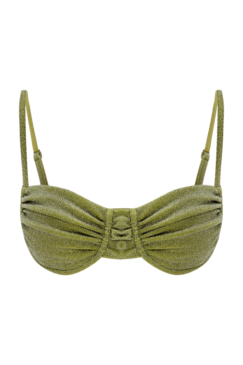 Suncillo Gina sparkly lime green bikini top with shimmering fabric and adjustable straps, suitable for beach or pool wear.