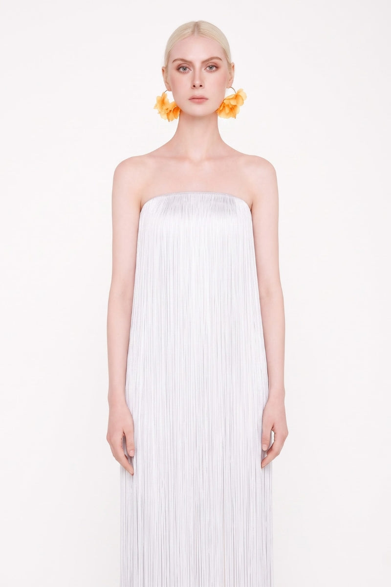 White Valenciani all-over fringe midi dress featuring flowing fringe details and a stylish midi length.