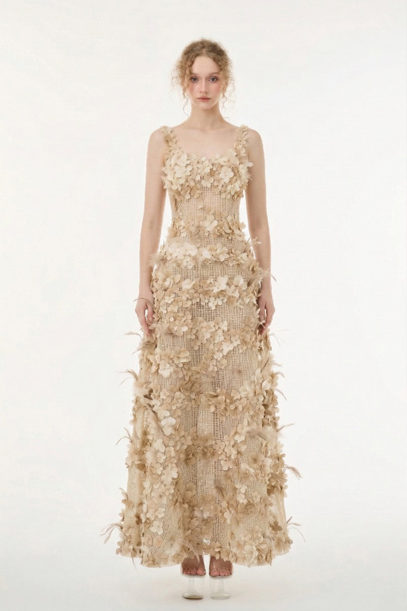 Beige Alessia silk taffeta and tulle maxi dress by 21Six, flowing and elegant with layered fabric details.