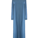 Blue Dortmund maxi dress by Lekieu displayed on a hanger, showcasing its flowing fabric and elegant design.