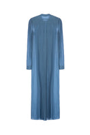 Blue Dortmund maxi dress by Lekieu displayed on a hanger, showcasing its flowing fabric and elegant design.