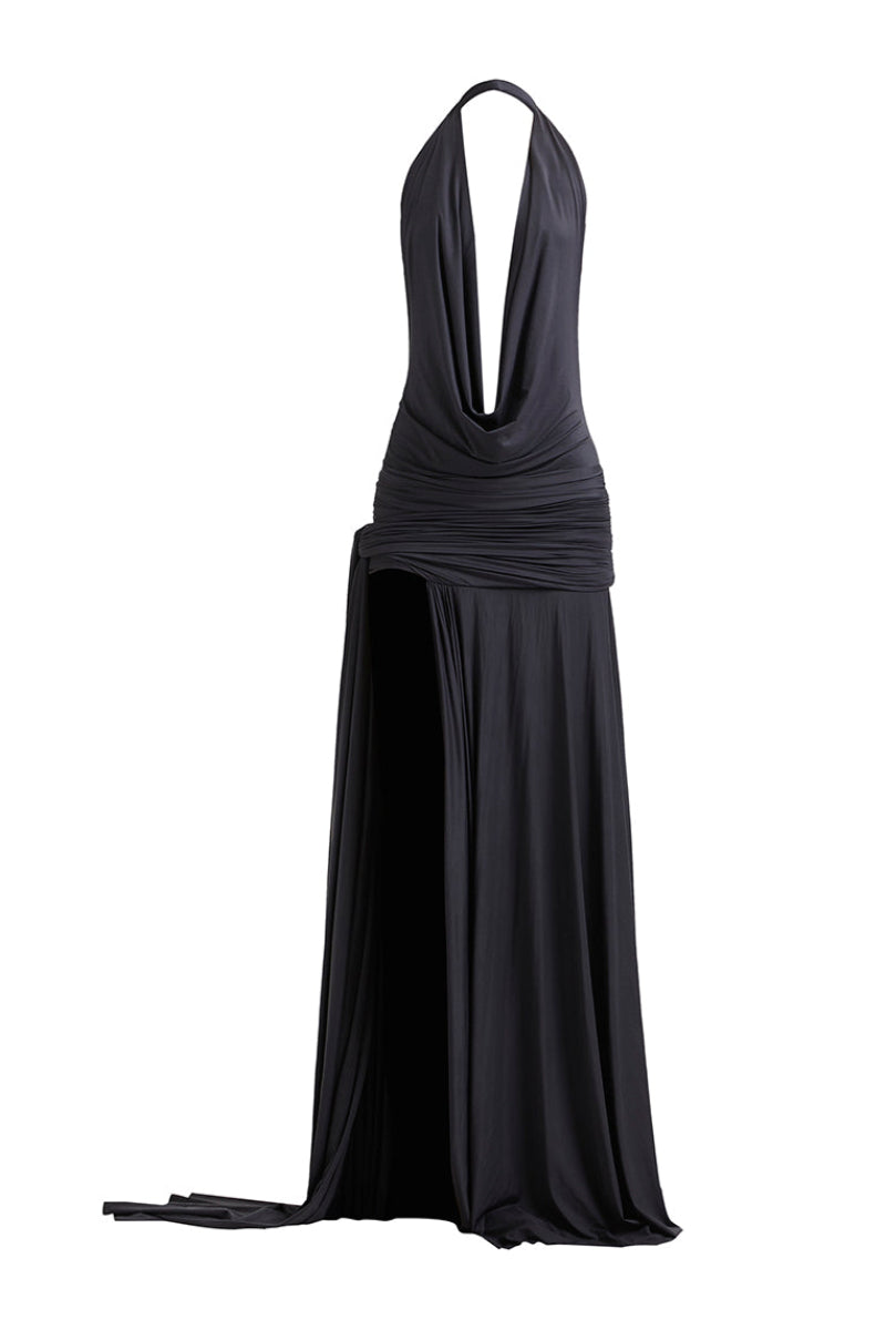 Deme By Gabriella gray Meadow gown with flowing fabric and elegant design, perfect for formal occasions.