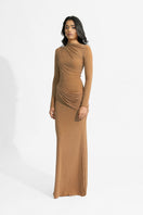 Deme By Gabriella Olga Tan Maxi Dress featuring flowing fabric and elegant design, perfect for summer or formal wear.
