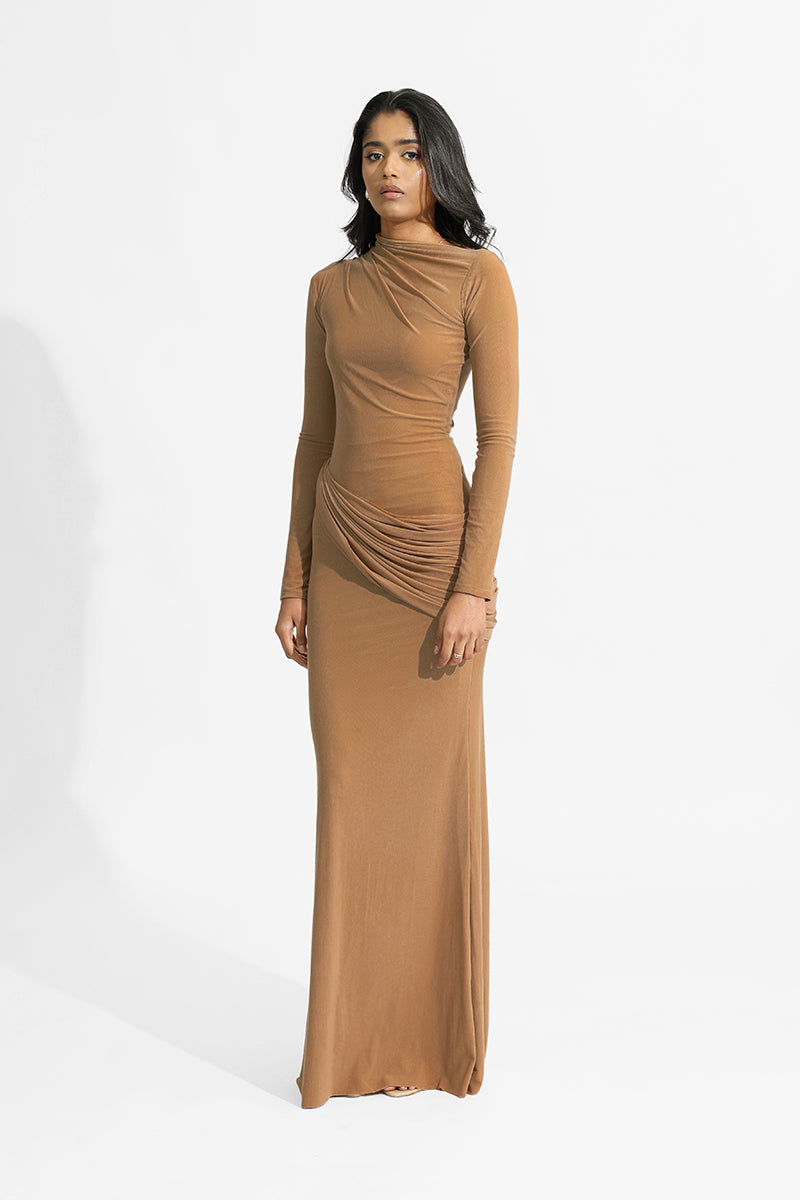 Deme By Gabriella Olga Tan Maxi Dress featuring flowing fabric and elegant design, perfect for summer or formal wear.