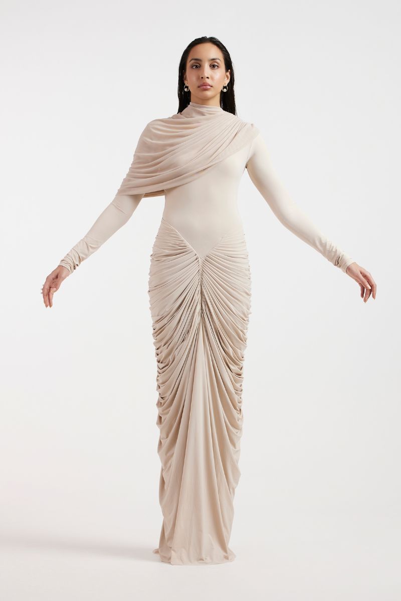 ELORA BEIGE DRAPED GOWN - CULT MIA