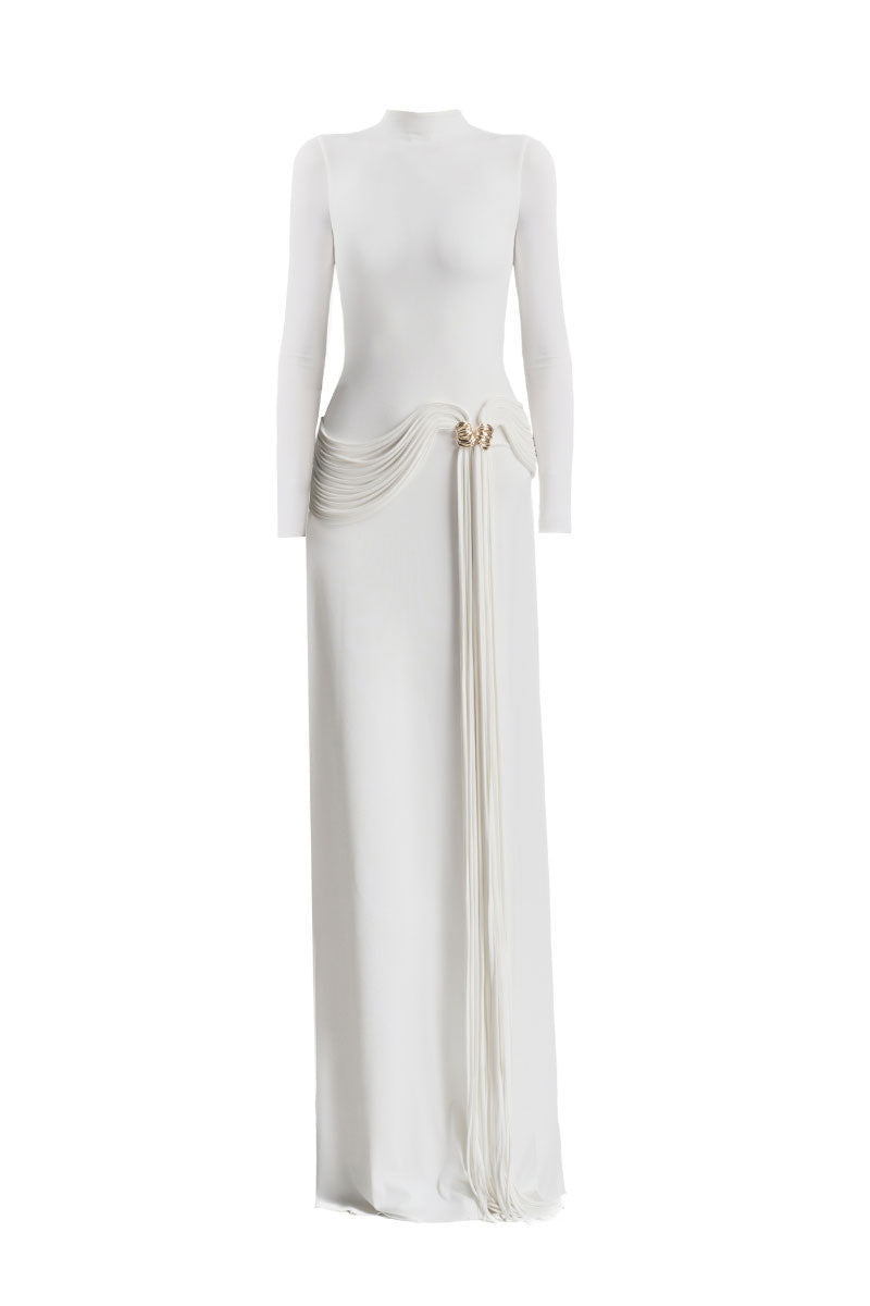 White Corvina draped floor-length gown by Maison Des Copains, elegant formal dress with flowing fabric and sophisticated style.