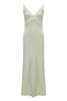Bocan Couture Caroline long rayon nightgown with light green lace trim, flowing fabric, and elegant design.