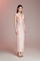 Elegant blush Aurora Pink gown by Do Long featuring flowing fabric and intricate detailing, perfect for formal occasions.