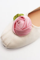 Chictopia satin rose flats in ivory with bow detail, stylish slip-on shoes for women, featuring smooth satin finish and elegant design.
