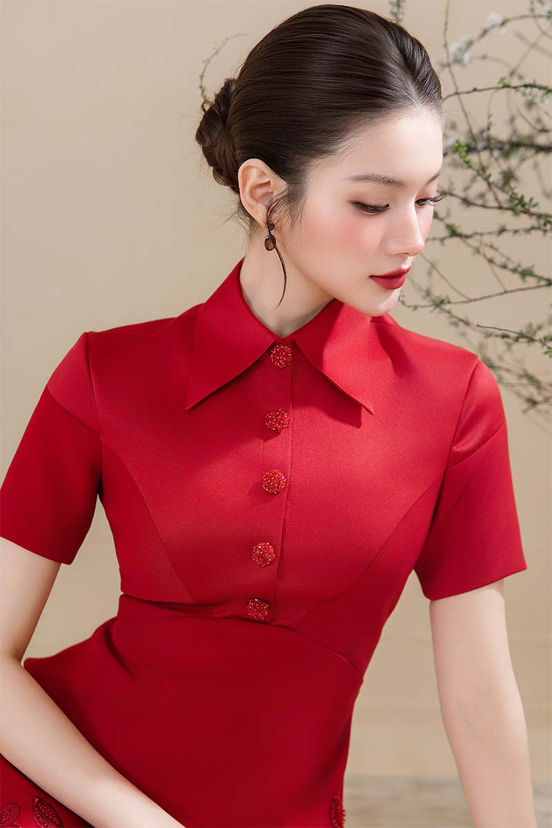 Do Long Crimson Petal mini dress with floral pattern, short sleeves, and fitted silhouette displayed on a hanger.