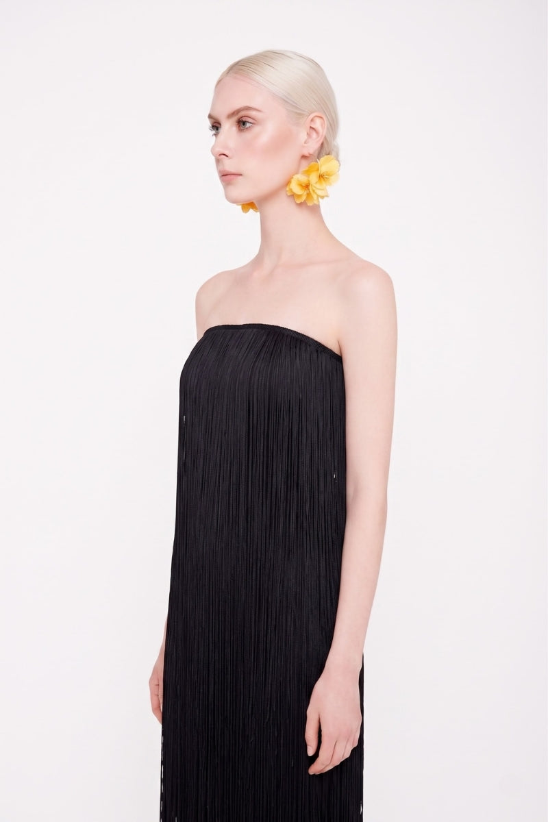 Black Valenciani all-over fringe midi dress featuring a flowing silhouette and stylish fringe details.