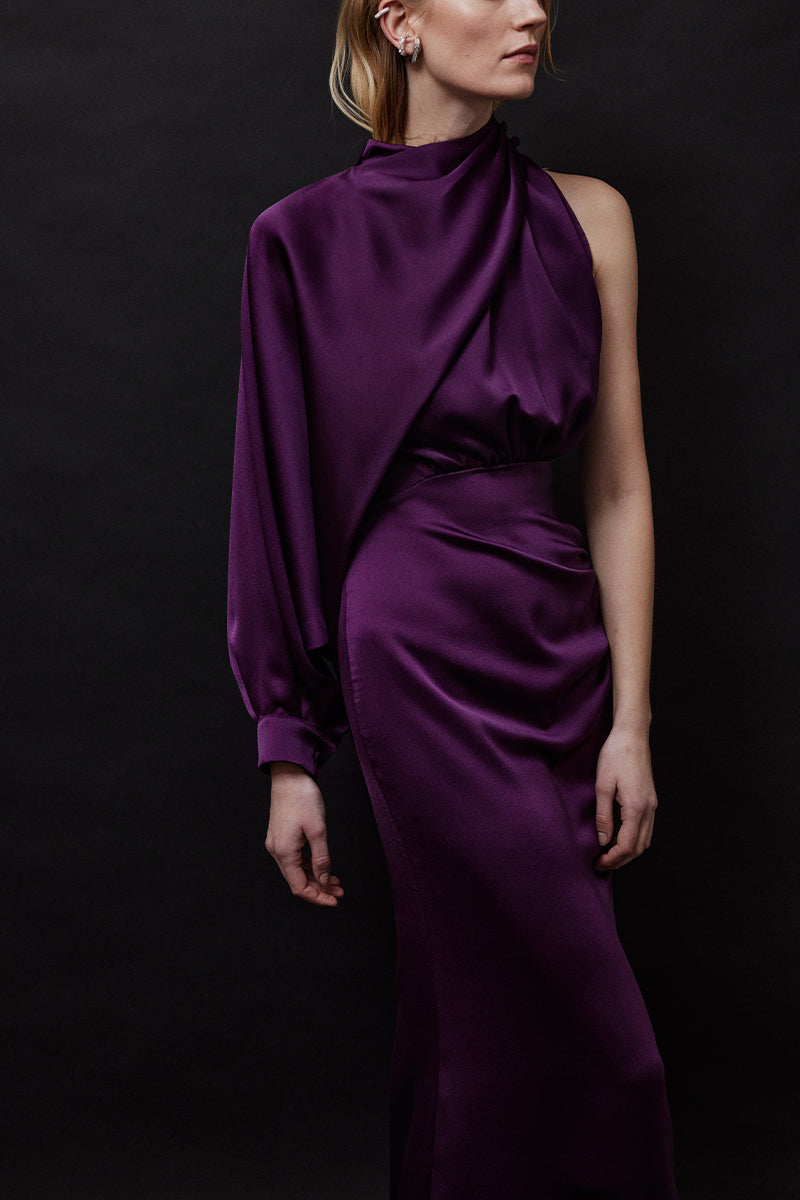 PURPLE ASYMMETRIC SATIN CREPE MIDI DRESS WITH DETATCHABLE CAPE - CULT MIA