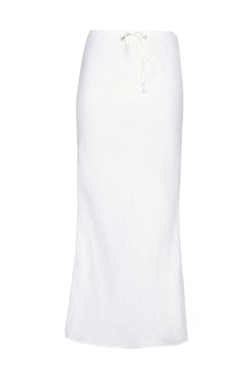 White Pierre maxi skirt by Summer Away with flowing fabric and elegant design, perfect for summer wear.