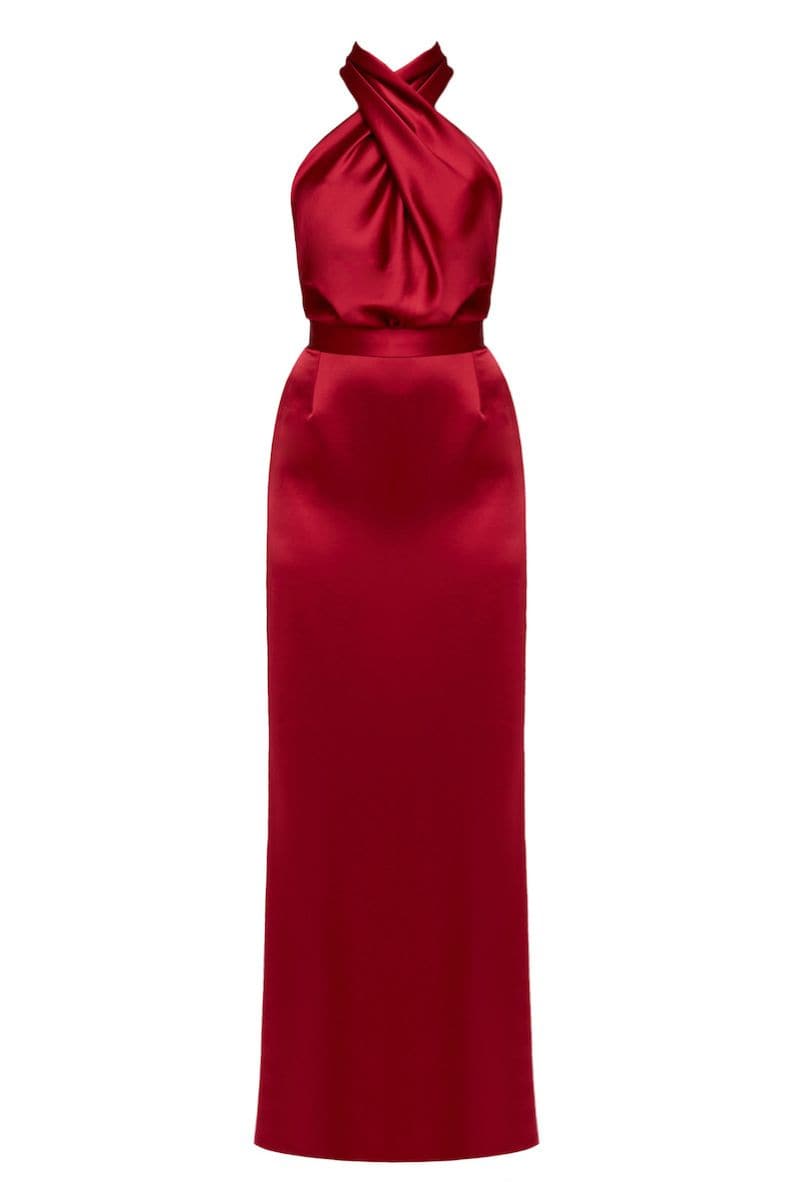 ALIUR DEEP RED HALTER NECK EVENING DRESS - CULT MIA