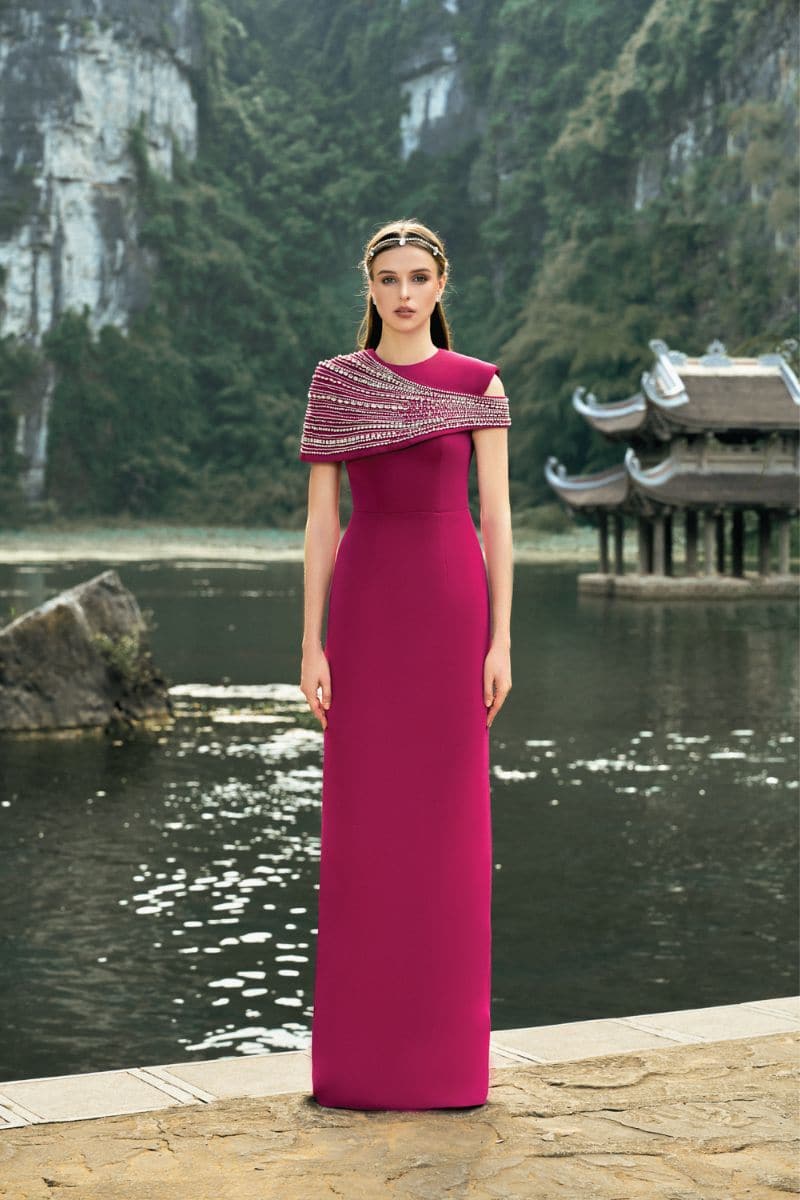 STONE EMBELLISHED ASYMMETRIC CAPE GOWN - CULT MIA