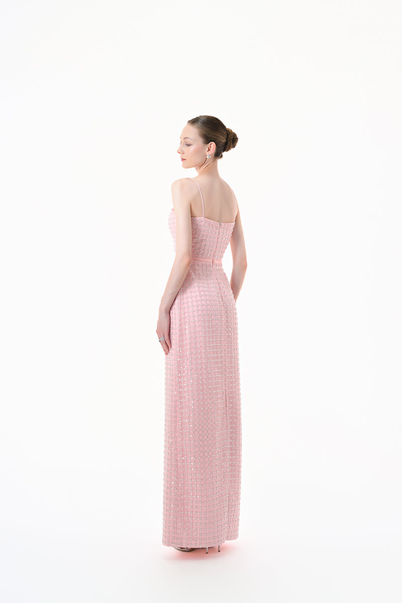Pink structured corset gown from Happy Clothing, featuring a fitted bodice and elegant flowing skirt, perfect for formal occasions.