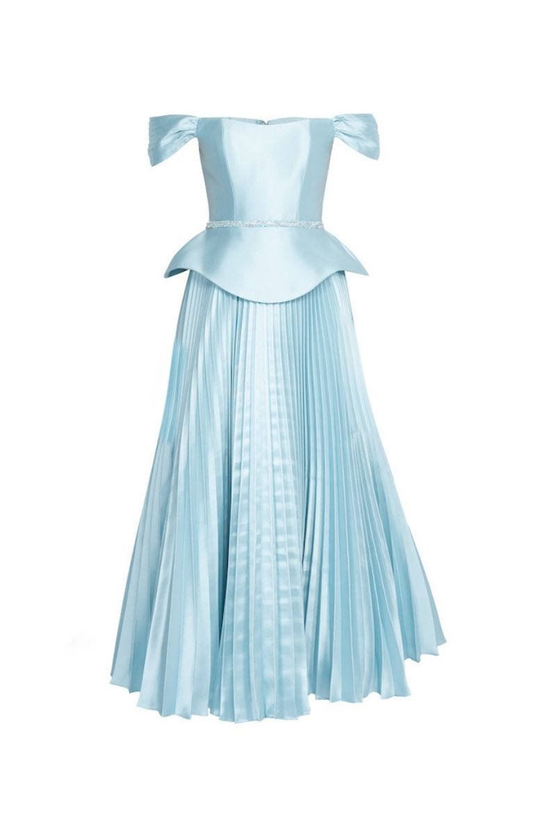 BLUE PEPLUM WAIST PLEATED SKIRT MAXI DRESS - CULT MIA