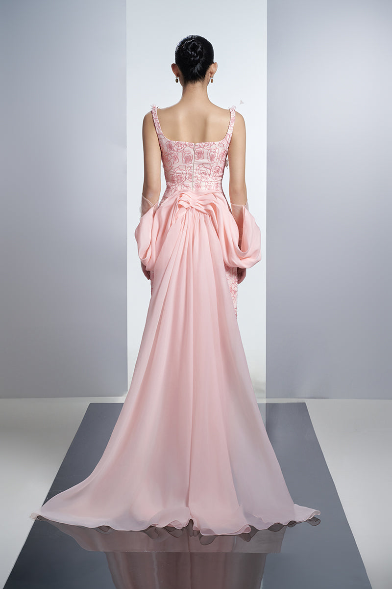 PINK ROSES ORGANZA MAXI DRESS WITH GLOVES IN PINK - CULT MIA