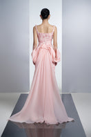Pink roses organza gown with matching pink gloves, elegant evening dress by Happy Clothing, featuring floral details and flowing fabric.