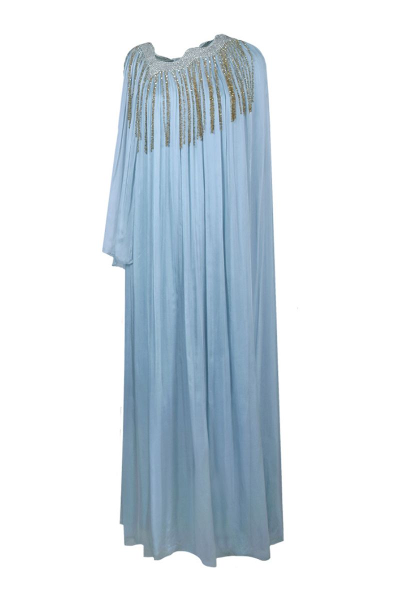 Powder blue angular gathered kaftan maxi dress by AKHL featuring a flowing silhouette and elegant design.