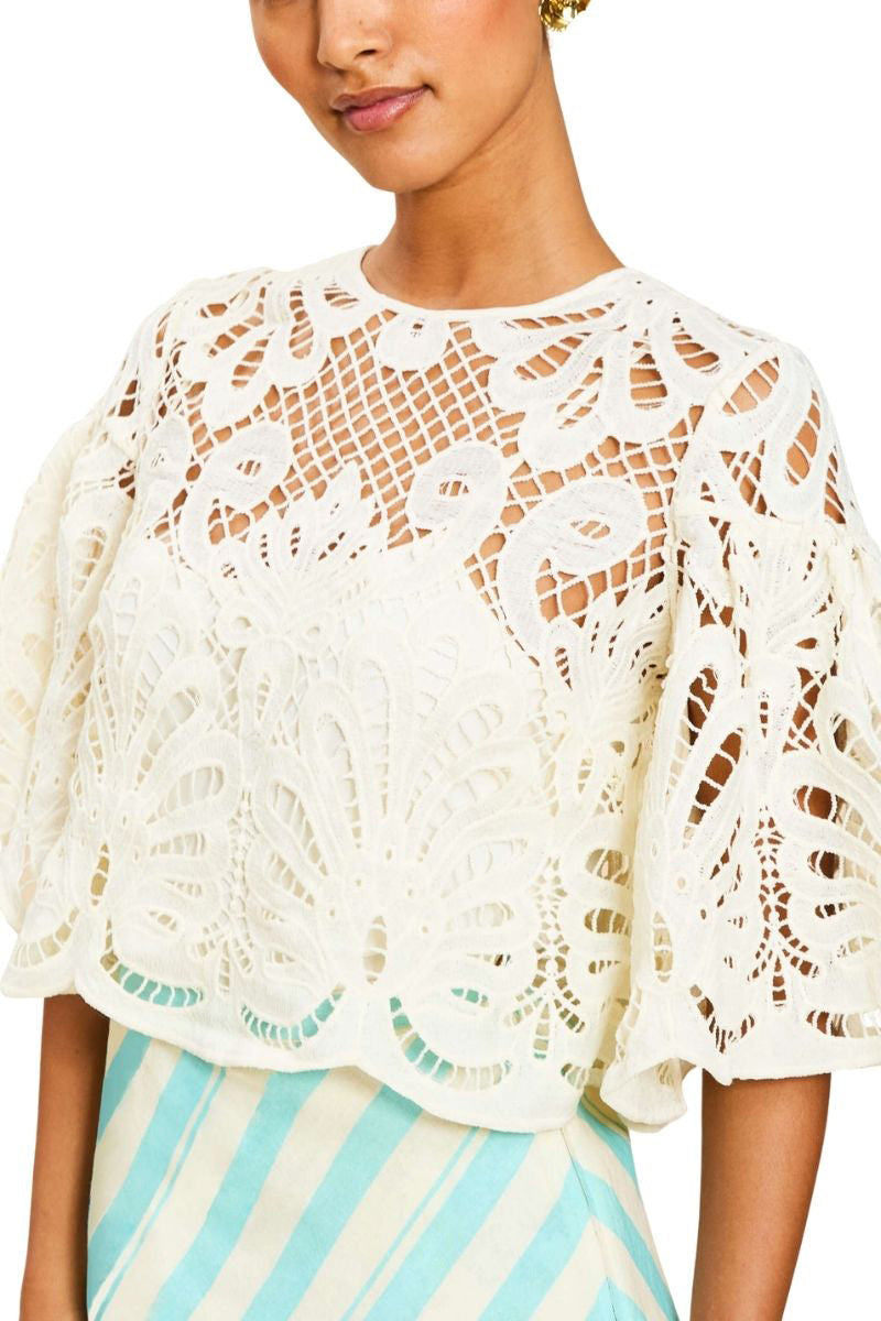 Mestiza New York Marianna lace top in ivory, featuring delicate lace fabric and a stylish fit, displayed on a hanger.