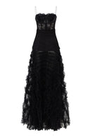 Black lace and tulle gown by 21Six, featuring intricate lace details and layered tulle fabric, perfect for elegant occasions.