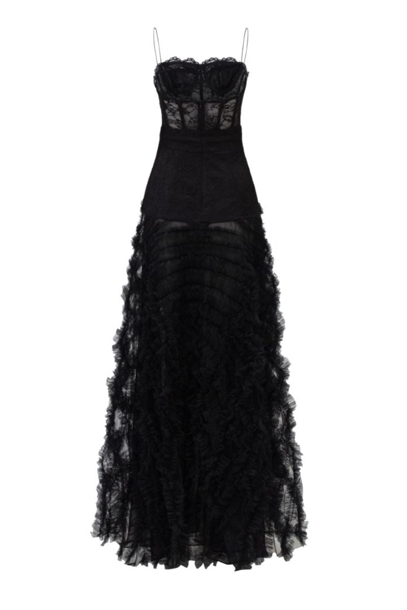 Black lace and tulle gown by 21Six, featuring intricate lace details and layered tulle fabric, perfect for elegant occasions.