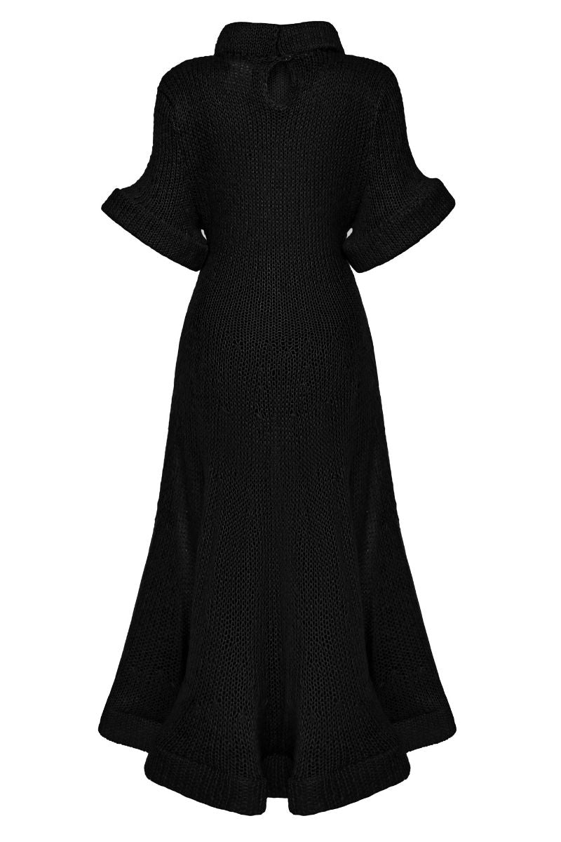 Black draped midi dress by Lalo featuring flowing fabric and elegant design, perfect for stylish occasions.
