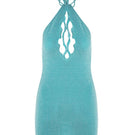 Turquoise Paola mini dress by Suncillo featuring a fitted bodice and flared skirt, displayed on a hanger.