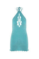 Turquoise Paola mini dress by Suncillo featuring a fitted bodice and flared skirt, displayed on a hanger.