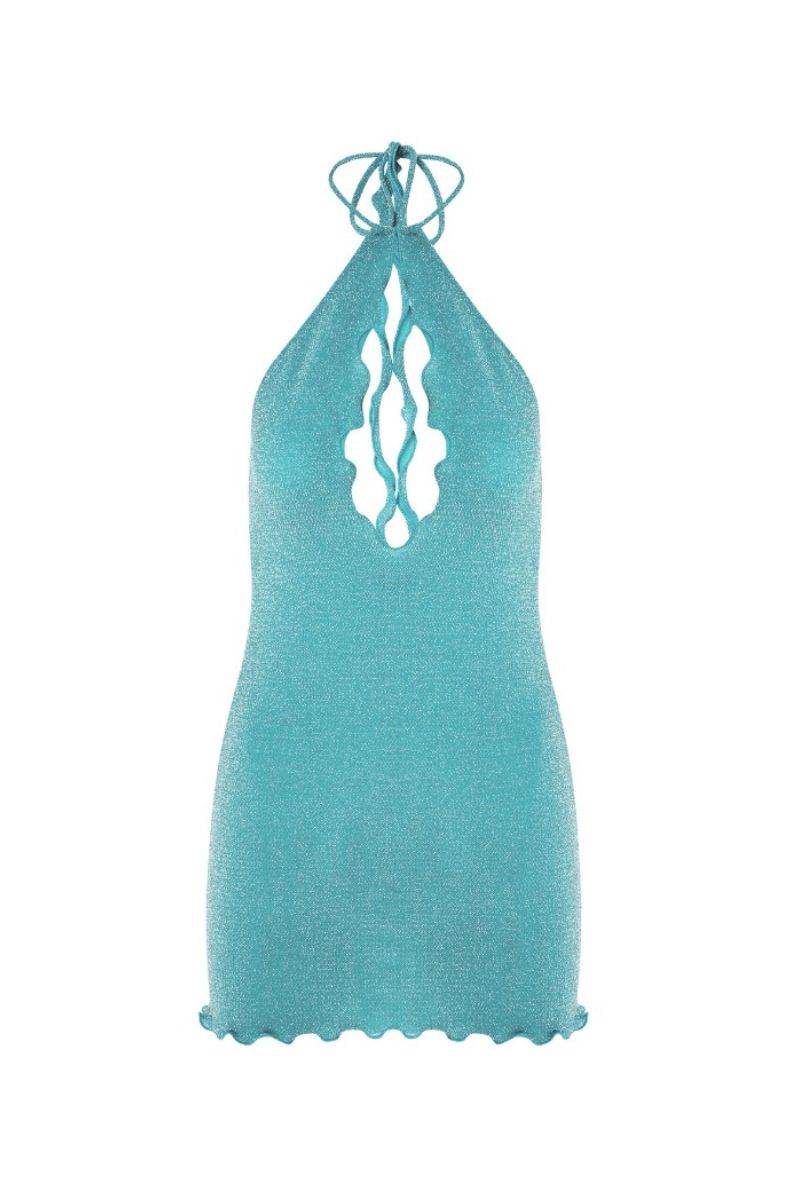 Turquoise Paola mini dress by Suncillo featuring a fitted bodice and flared skirt, displayed on a hanger.