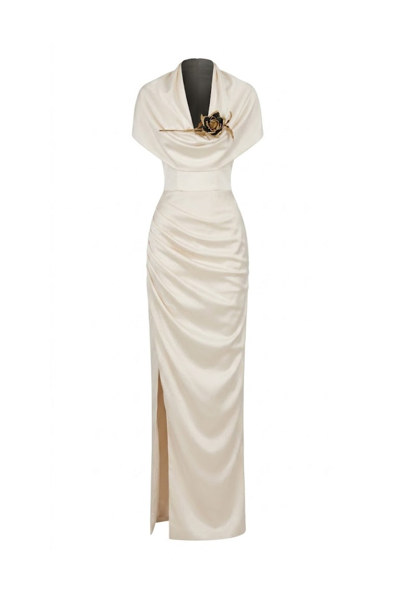 Margée Atelier Celina Maxi Dress, flowing lightweight fabric, elegant design, and vibrant floral pattern on a model.