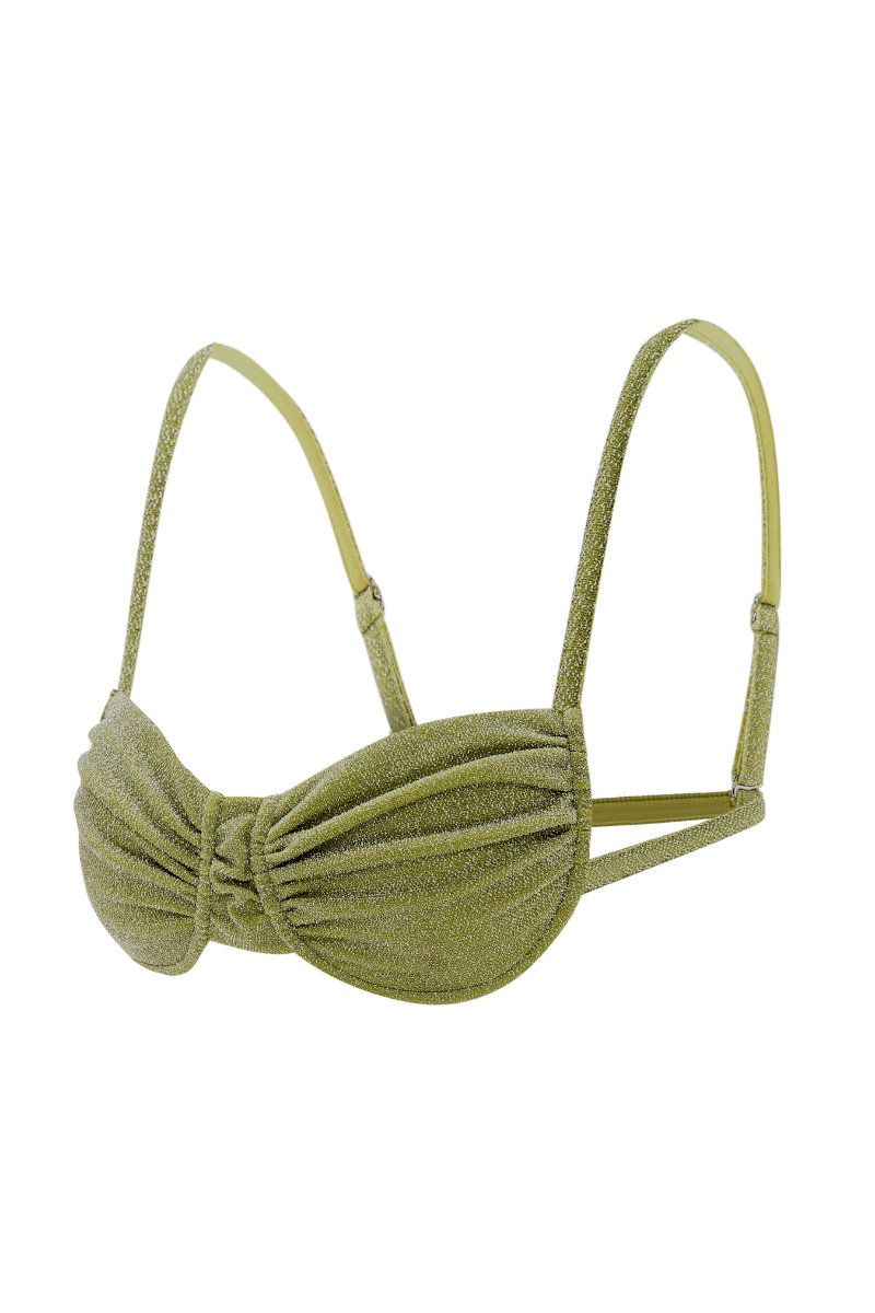 Suncillo Gina sparkly lime green bikini top with glittery fabric and adjustable straps, designed for stylish swimwear.