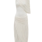 White Plan Lumière draped midi dress, elegant flowy fabric with a stylish draped design, perfect for formal or semi-formal occasions.