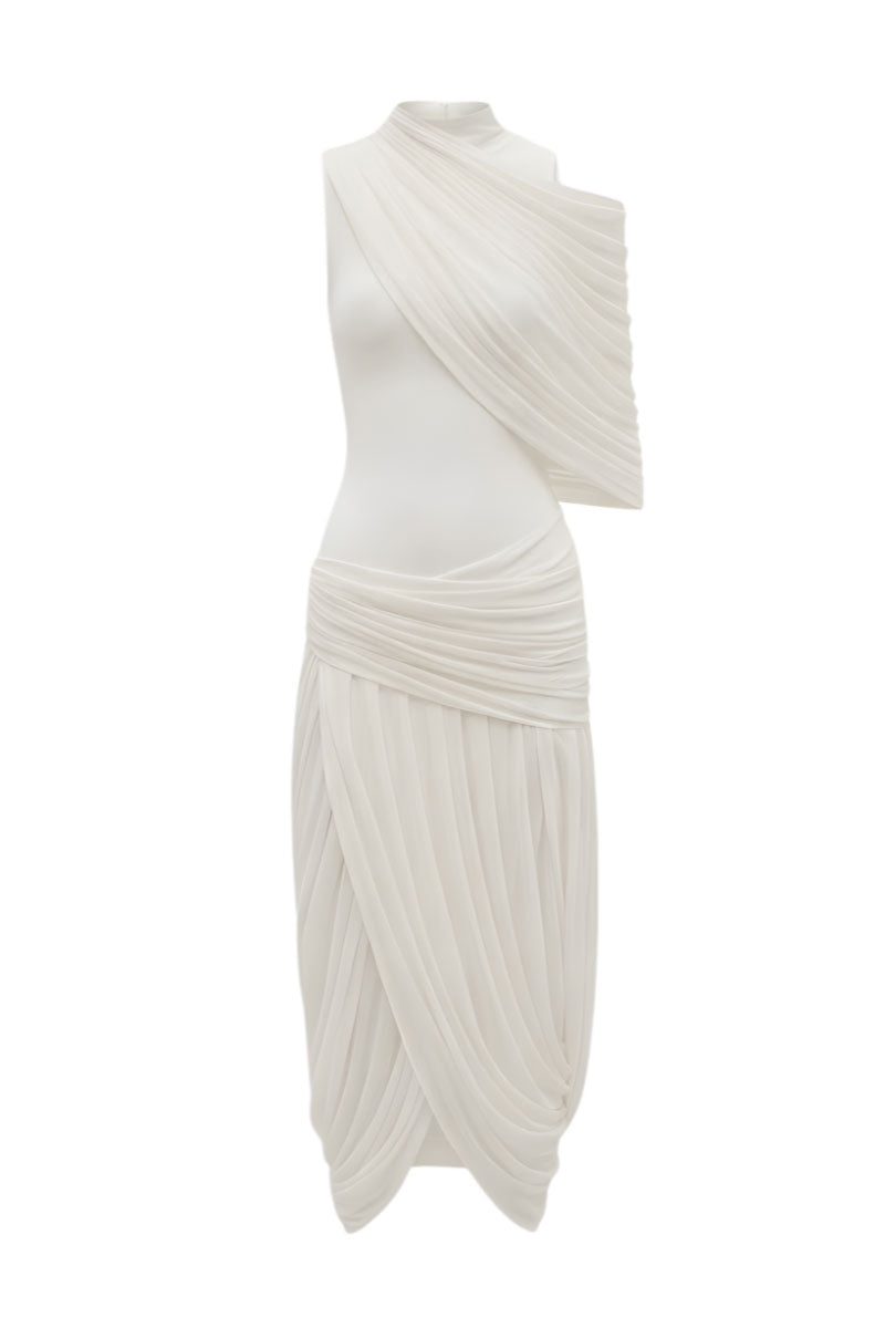 White Plan Lumière draped midi dress featuring flowing fabric and elegant design, shown on a model.