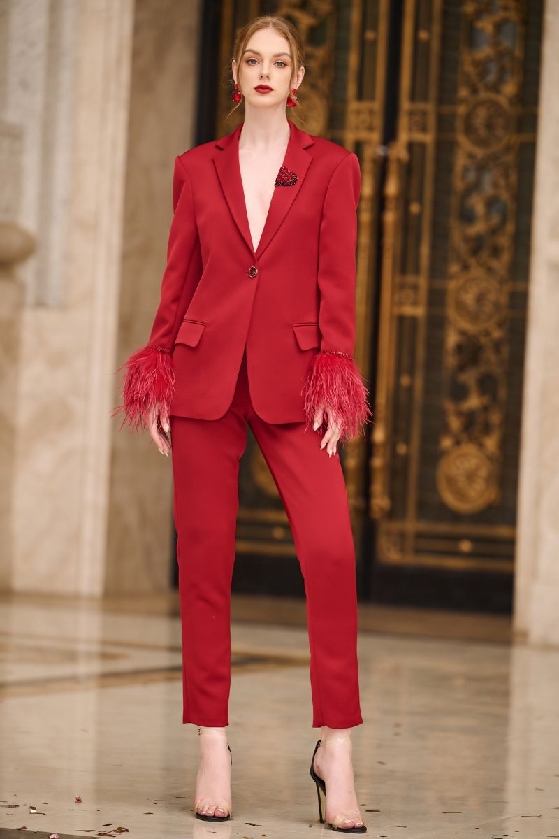 Red Kelly Taffeta feather suit co-ords set by 21Six, featuring a feather-adorned jacket and matching pants, stylish and vibrant.