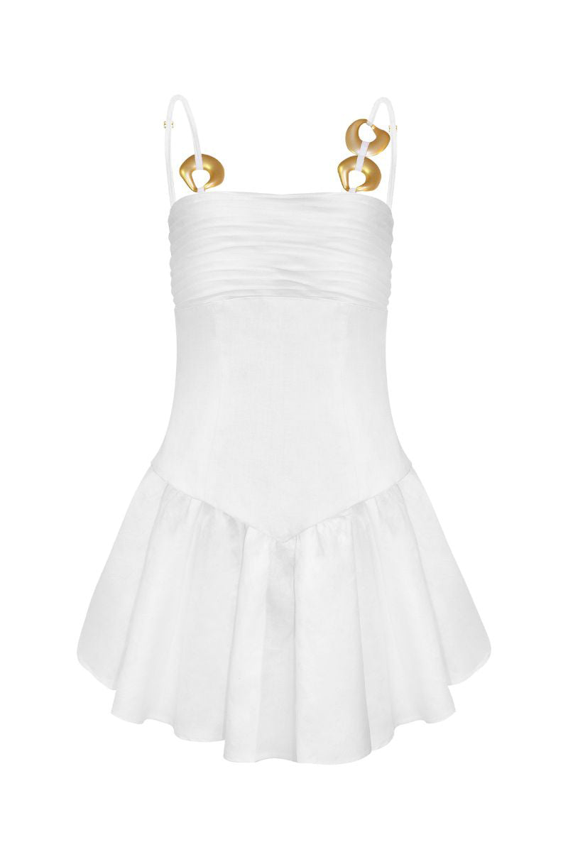 White sunny mini dress by Laura Escobar featuring a flattering fit and feminine design, perfect for warm weather.