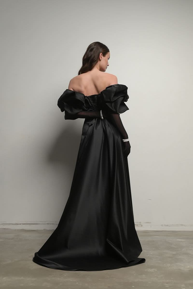 BLACK CORSET DRESS GOWN WITH MERINGUE FLOUNCES - CULT MIA