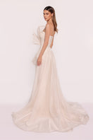 Tarık Ediz Ephesus dress in vanilla, elegant gown with flowing fabric and classic design, perfect for formal occasions.