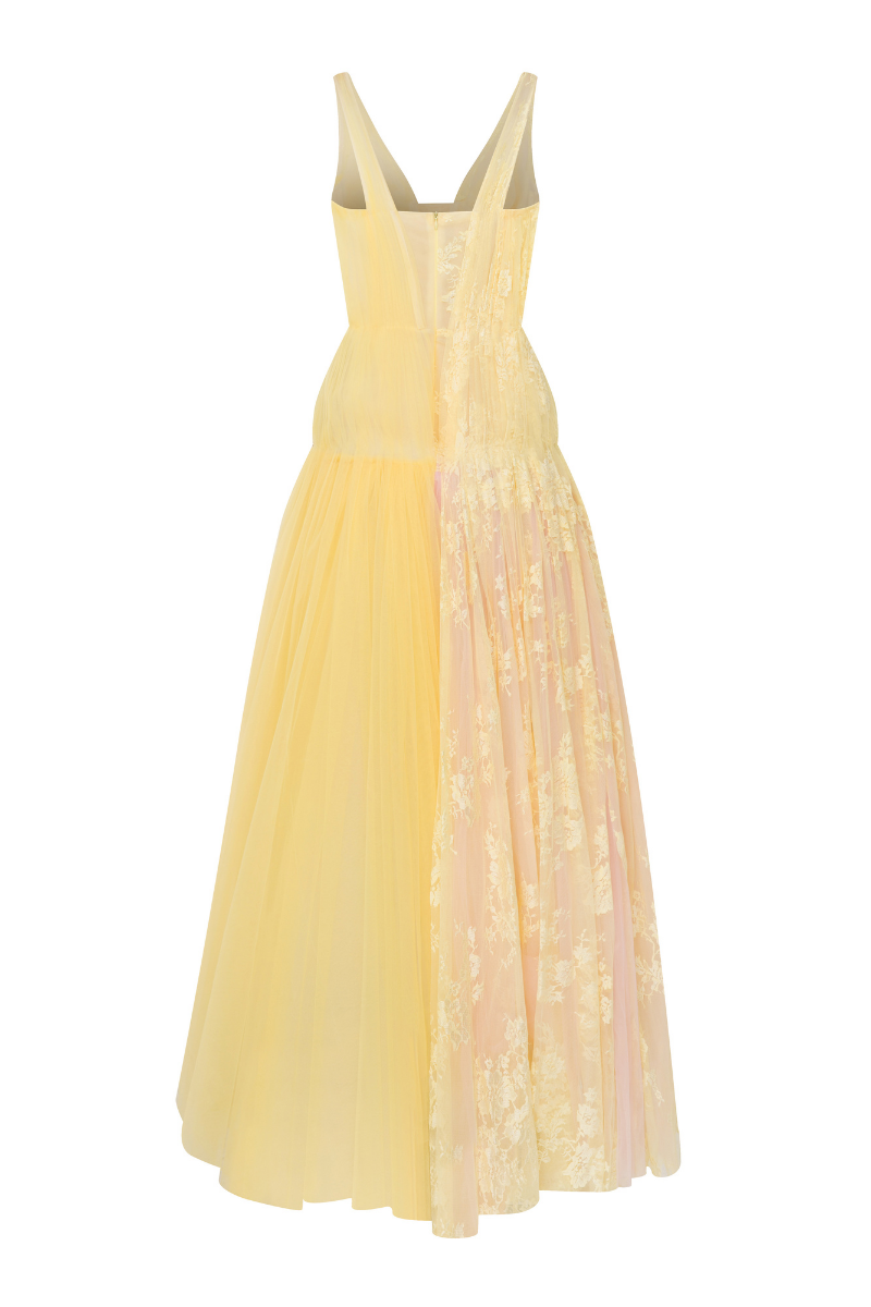 DEEP V NECKLINE TULLE AND LACE MIX GOWN - CULT MIA