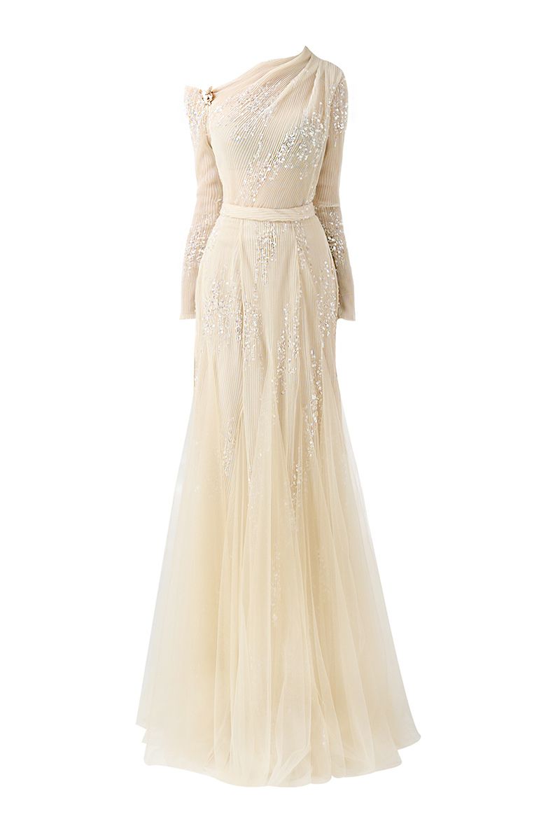 Beige layered floor-length co-ord set by Happy Clothing, featuring a soft top and matching skirt, perfect for elegant casual wear.