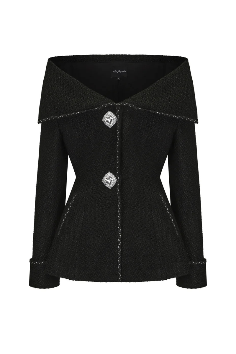 Nana Jacqueline black armor jacket with structured design and padded details, stylish outerwear for a bold fashion statement.