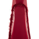 Red Valenciani gown with ostrich feather trim cape, elegant evening dress with flowing fabric and luxurious feather accents.